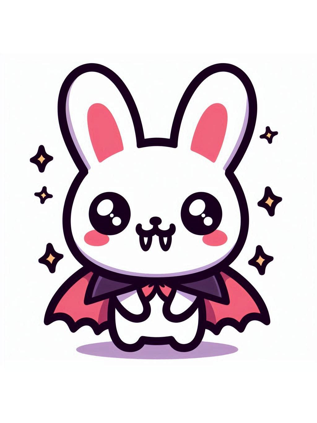 halloween cute animals drawings of a cute rabbit dressed as a vampire, complete with fangs and a flowing cape, surrounded by small stars.